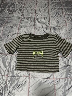 Kill Crew Black & Gray Striped Cropped Tee with Neon Logo